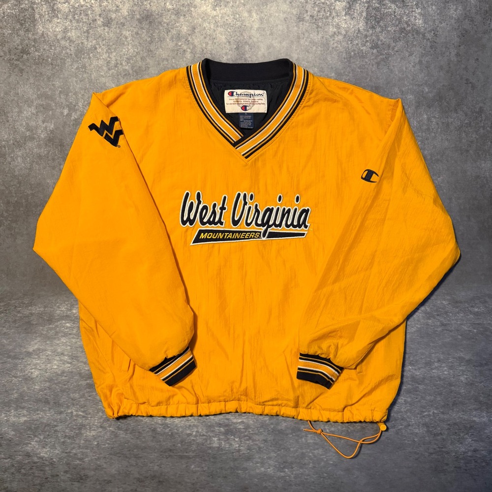 VTG 90s Champion West Virginia WVU Pullover Windbreaker Jacket Mens XL Yellow V